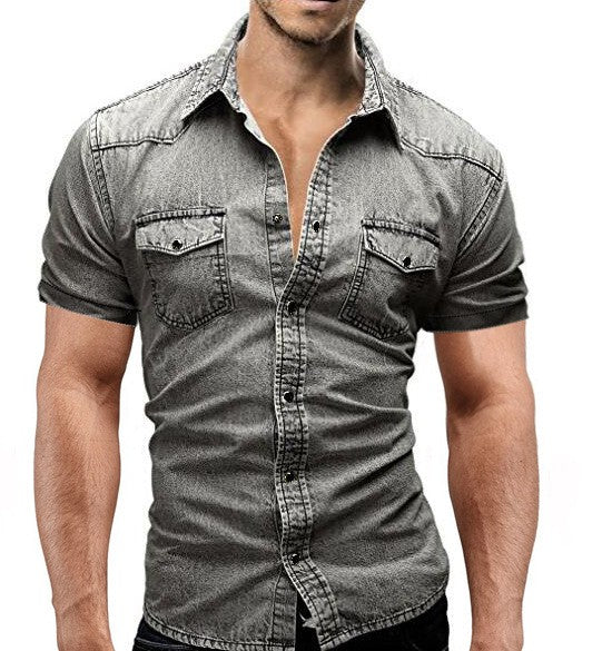 Men Summer Denim Thin Shirt Short Sleeve Soft Cotton Two Pockets Slim Slight Elastic Jeans Cowboy Shirt Clothing 2025