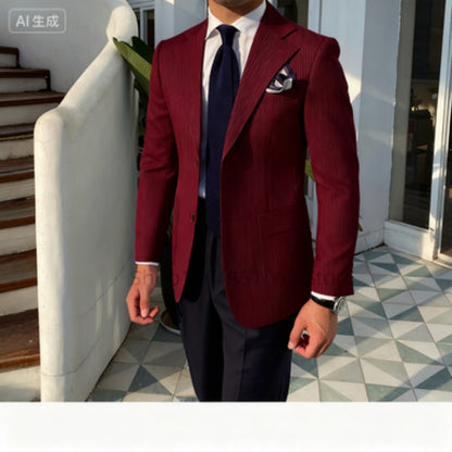 Summer Seersucker 2-Piece Men's Blue Striped Blazer Suit with Notched Lapel Casual Wedding Fine Fit Trousers Male Fashion