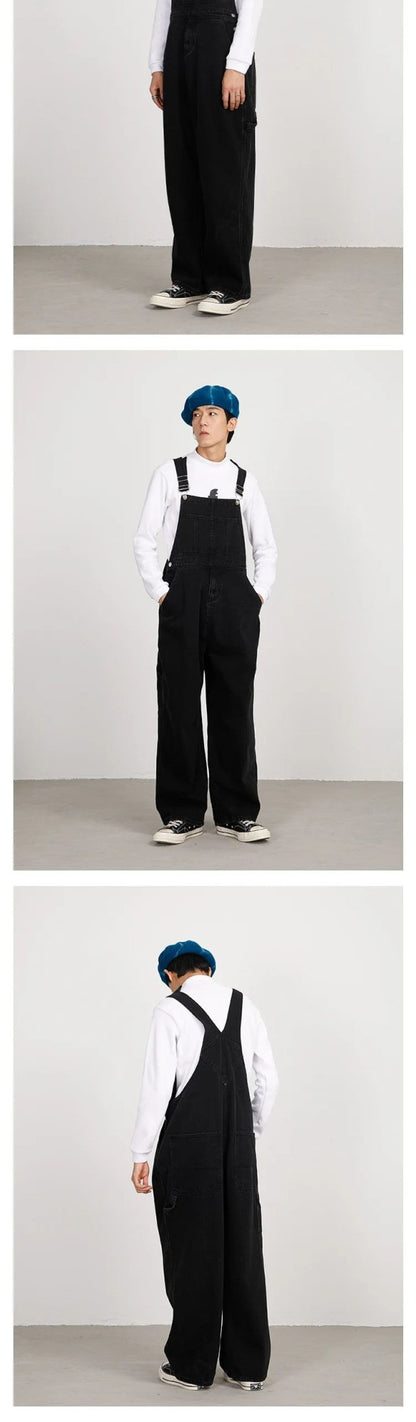 Macacão Jeans Retrô Estilo Japonês Casual Perna Reta Roupa de Trabalho Streetwear Americano Macacão Jeans Masculino e Feminino Folgado