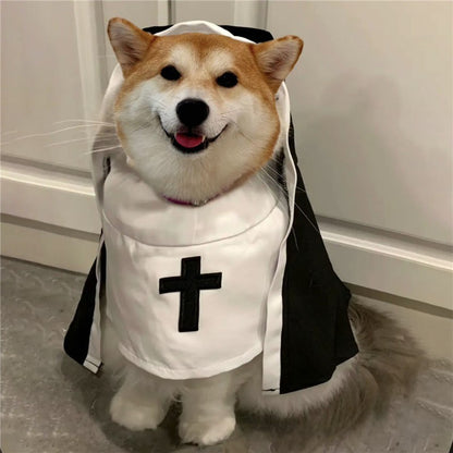 Roupas de Gato de Halloween com Fantasia de Freira e Estampa de Cruz de Jesus para Cães Pequenos Engraçado Bonito Vestido de Festa Macacão para Animais de Estimação Acessórios para Gatos