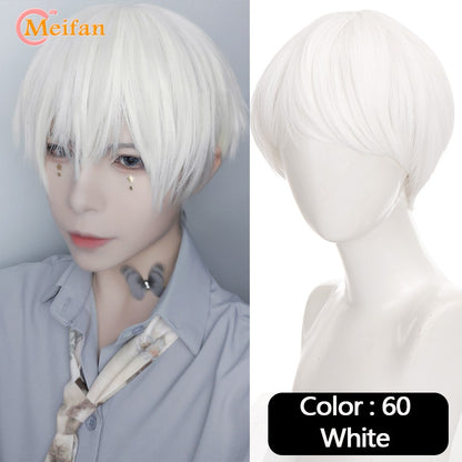 Peruca MEIFAN Sintética Curta para Cosplay Lolita Anime Masculina Cabelo Liso Masculino Fibra de Alta Temperatura Rosa Azul Louro Ombré Preto Peruca