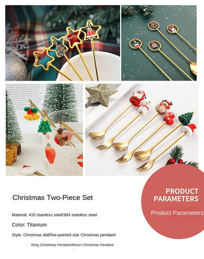 Warm Christmas Gift! Creative Santa Doll Dessert Spoon Fork 2-Piece Set Portable Tableware in Gift Box Sweet Surprise Friends