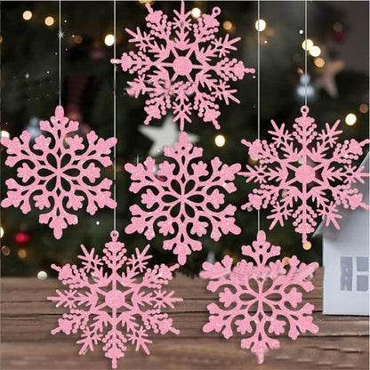 12PCS Pink Glitter Plastic Snowflake Decorations 10cm Christmas Tree Hollow Snowflake Pendants New Year Party Festival Supplies