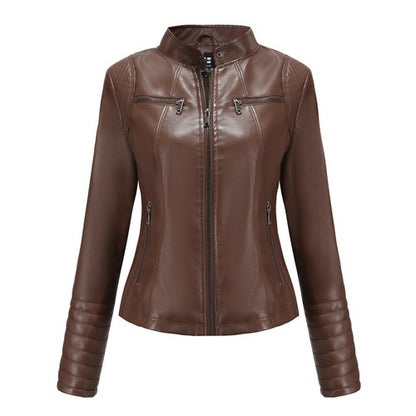 Women's Slim Leather Jacket, Stand-up Collar, Zipper Stitching, Monochromatic Coat, Fashion Clothing, New