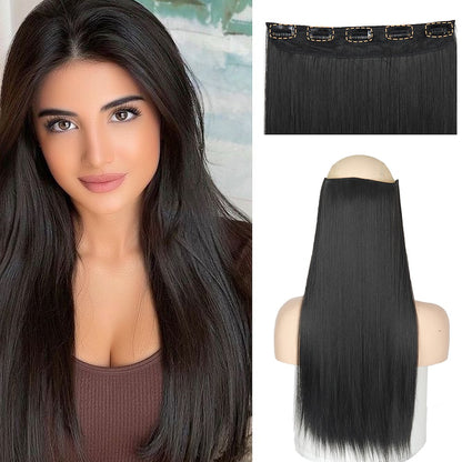 Apliques de Cabelo Sintético Liso Comprido de 5 Clipes 22'' Fibra de Alta Resistência ao Calor Preto Castanho Loiro