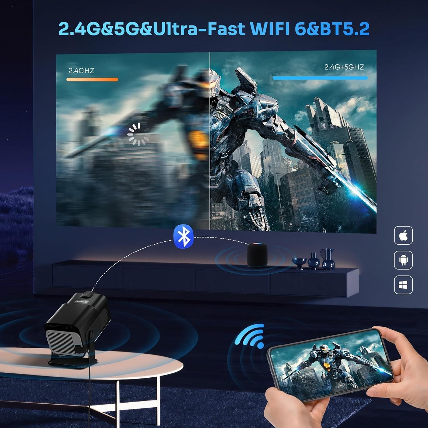 KaiAqua Mini Projetor HY320 NTV Android 13 com Amlogic S950D4 1080P 500 ANSI Lumens, WiFi Duplo, BT5.2 e Comando por Voz para Home Theater