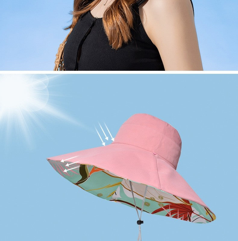 Chapéu Feminino de Verão Dupla Face com Aba Larga Proteção Solar Flor Praia Elegante Ao Ar Livre Protetor Solar Atacado Novo