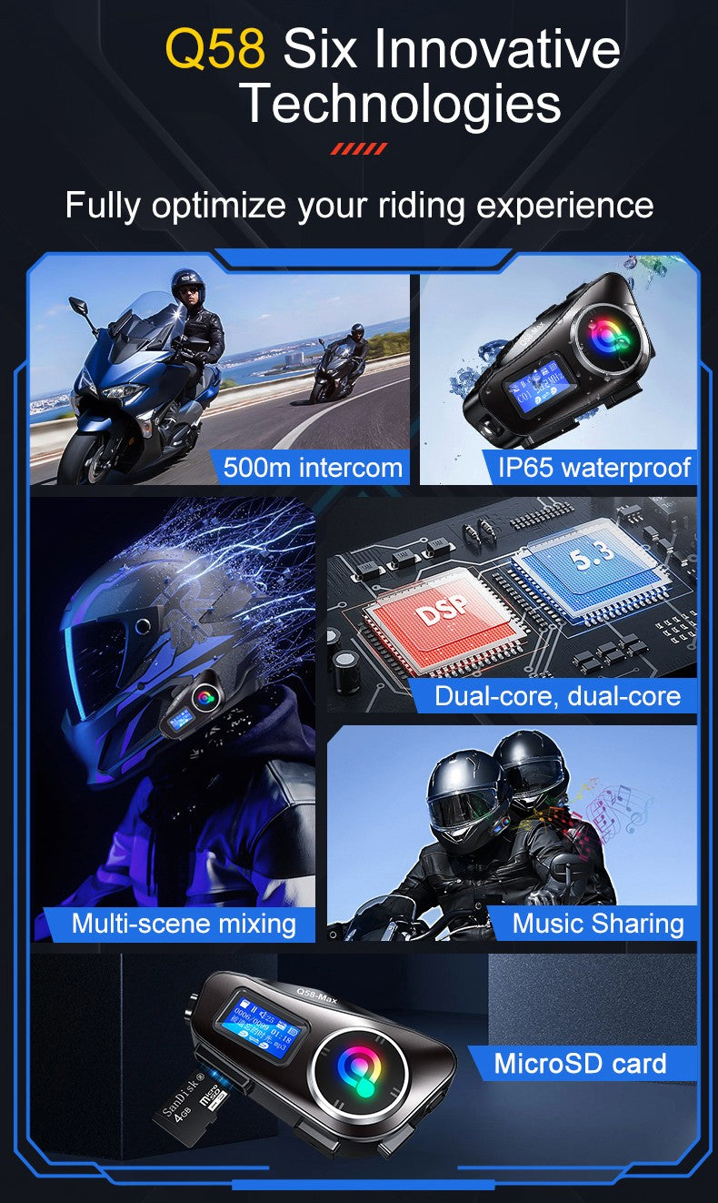 Capacete de motocicleta Q58 Max Bluetooth Intercom IP65 à prova d'água Distância de intercomunicação de 500 metros Compartilhamento de música mista em várias cenas