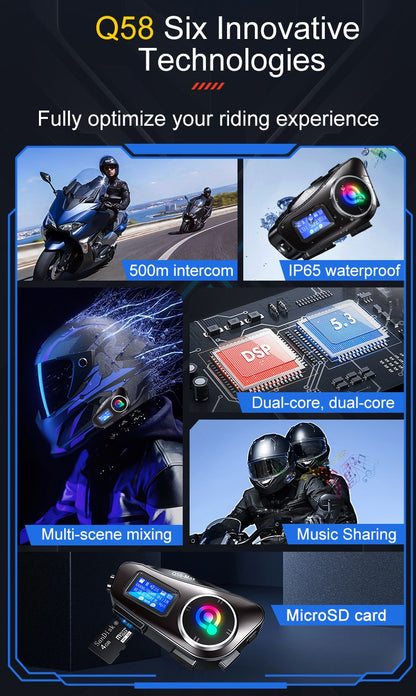 Capacete de motocicleta Q58 Max Bluetooth Intercom IP65 à prova d'água Distância de intercomunicação de 500 metros Compartilhamento de música mista em várias cenas