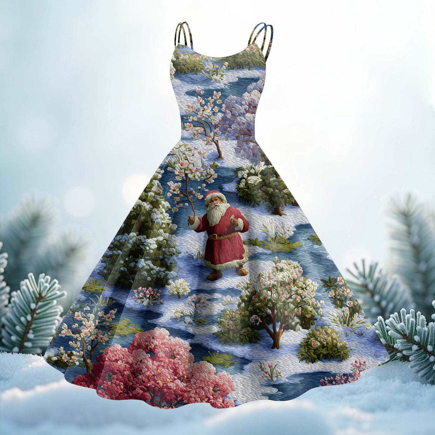 High Quality Cute Women's Casual Fashion Round Neck Christmas Print Mid-Length Dress Pretty Sweet Christmas Suspender Dress