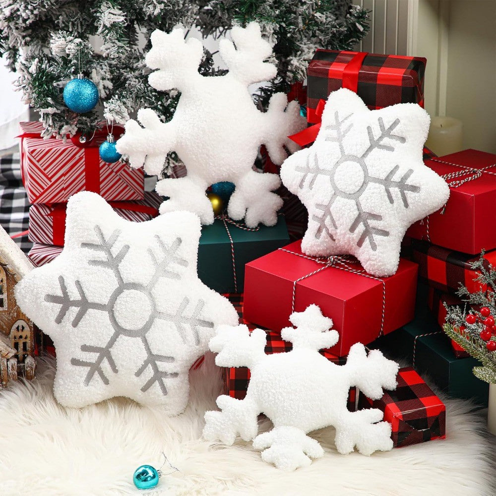 Set of 4 Christmas Snowflake Throw Pillows - White Sherpa Stuffed Winter Decorative Cushions