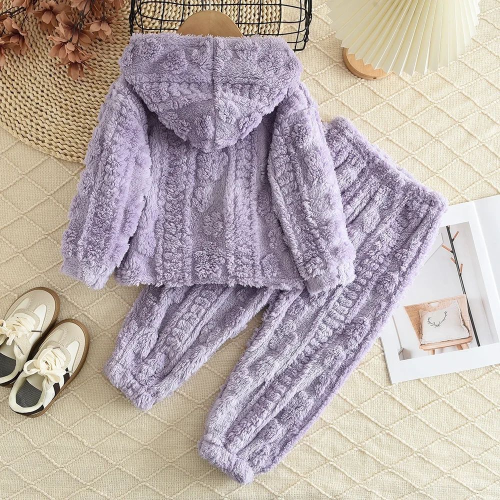 Baby Girl Clothes Purple Plush Jacquard Top+Pants 2-piece Set for Autumn and Winter Home Kids Casual Pajamas 3-7 Years Old