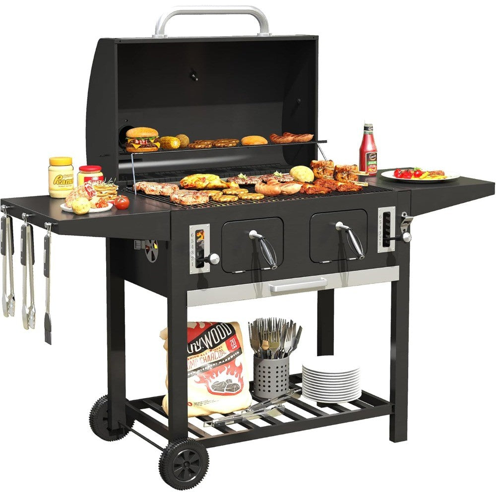Extra Large Charcoal Grill with 589 Sq. In. Cooking Area and Foldable Side Table, Outdoor Barbecue Grill with a Liftable Charco