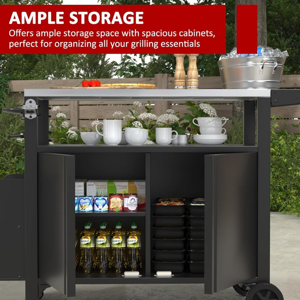 xl outdoor grill cart with wheels, weatherproof outdoor kitchen outdoor bar cart mobile bbq with foldable stainless steel top &
