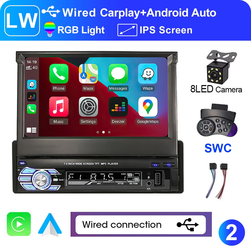 LEHX 1 Din 7inch IPS Retractable Screen Car Radio  Multimedia Player Universal Audio Video Wired CarPlay Android Auto