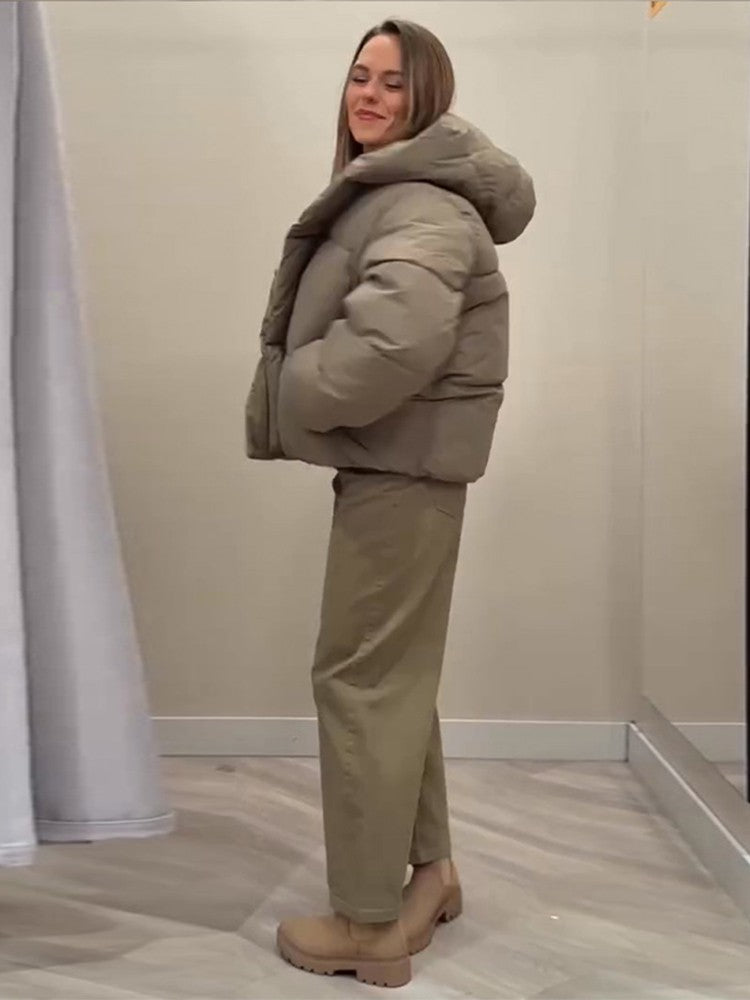 Women's Hooded Cotton Jacket Casual Winter Coat Comfortable Pocket Zipper Button Warm Lady Coats Daily Street Outerwear 2025
