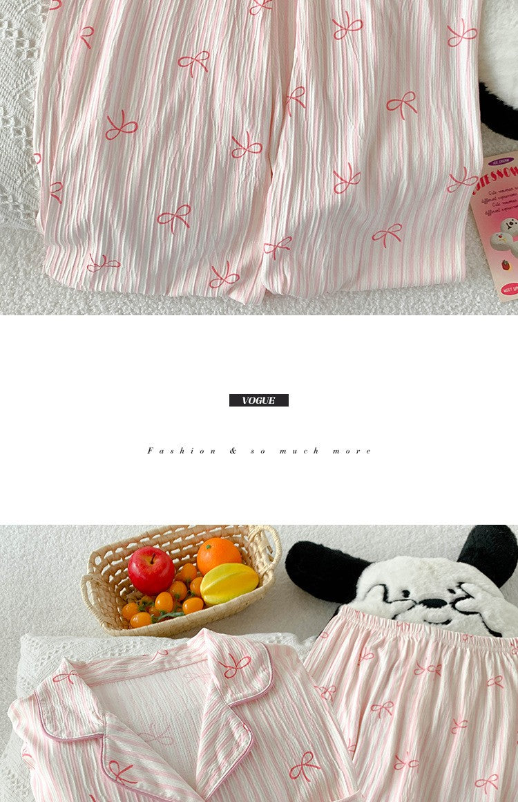 Spring and Autumn Sweet Bow Korean Style Ins Wrinkled Fabric Long Sleeve Cardigan Nightgown Women's High-Quality Homewear Set