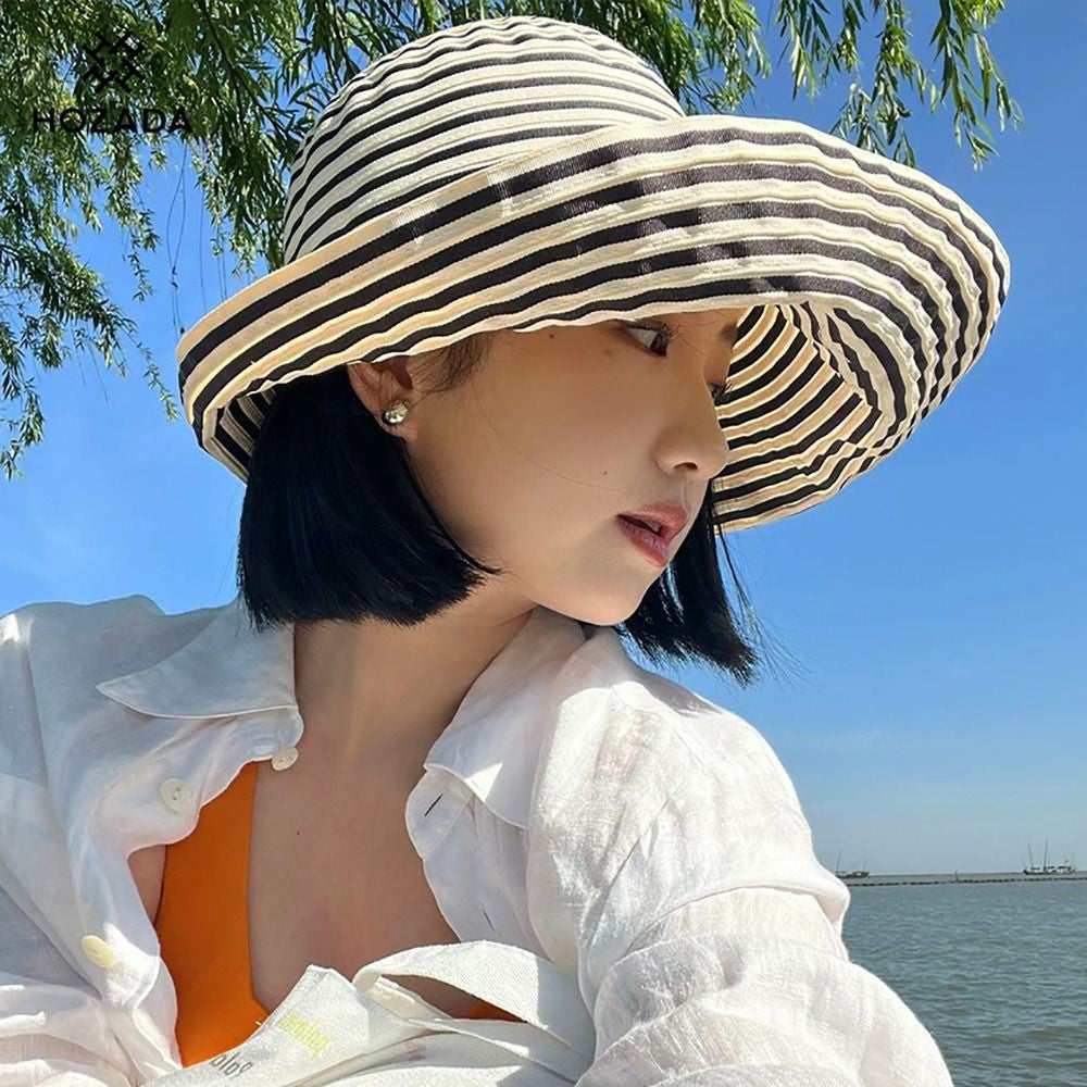 1Pcs Durable Sunproof Striped Bucket Hat Foldable Retro Summer Hat Big Head Circumference Fashion Sunscreen Basin Hat Women