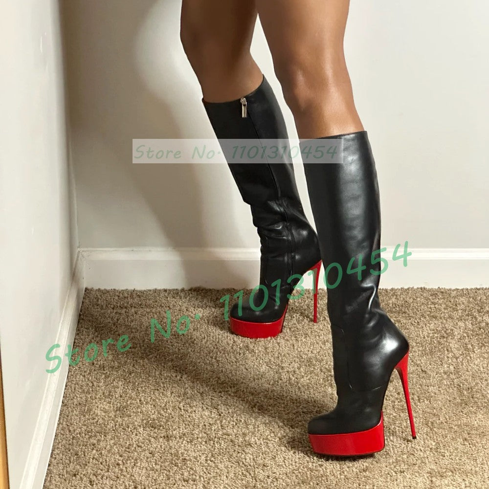 Red Platform Black Knee High Boots Ladies Round Toe Color Matching Stiletto Shoes Women Trendy Big Size Slim High Heels Boots