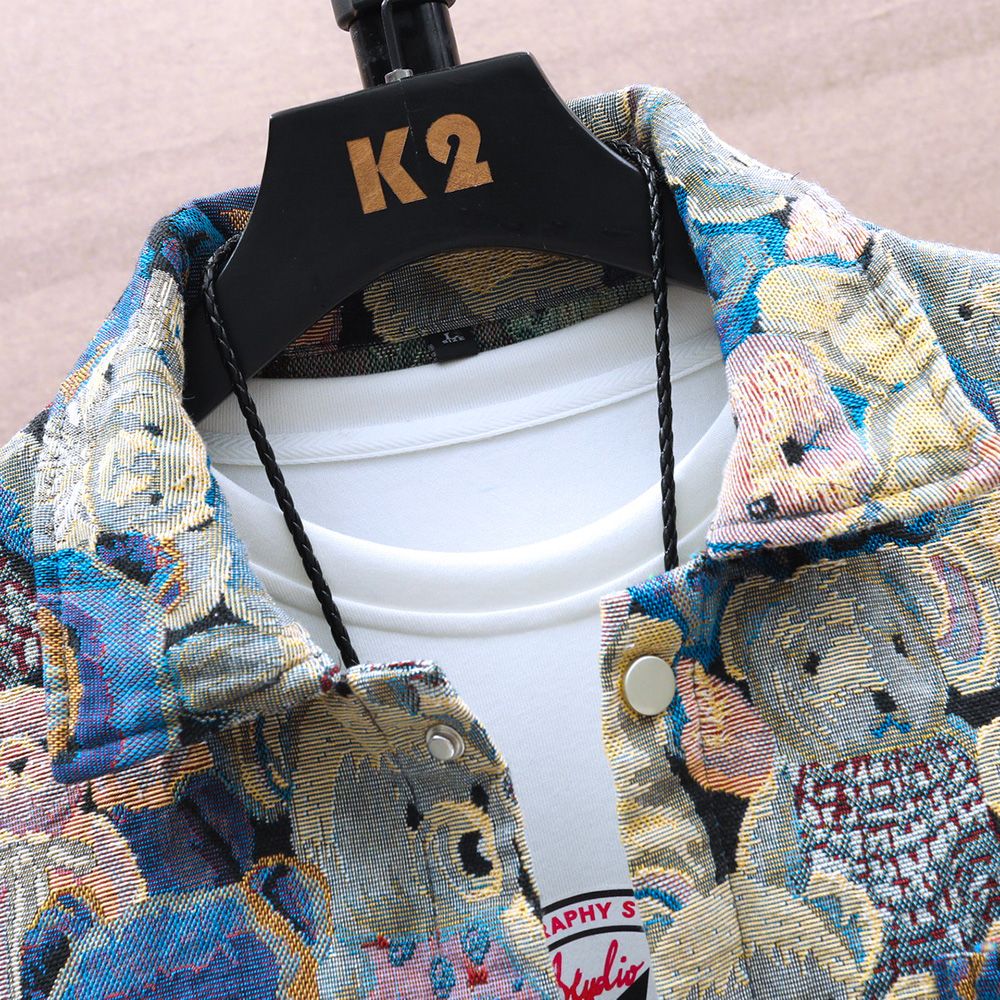 Men Teddy Bear 3/4 Sleeve Jacket Fashion Animal Pattern Coat Jacquard Woven Top Outerwear