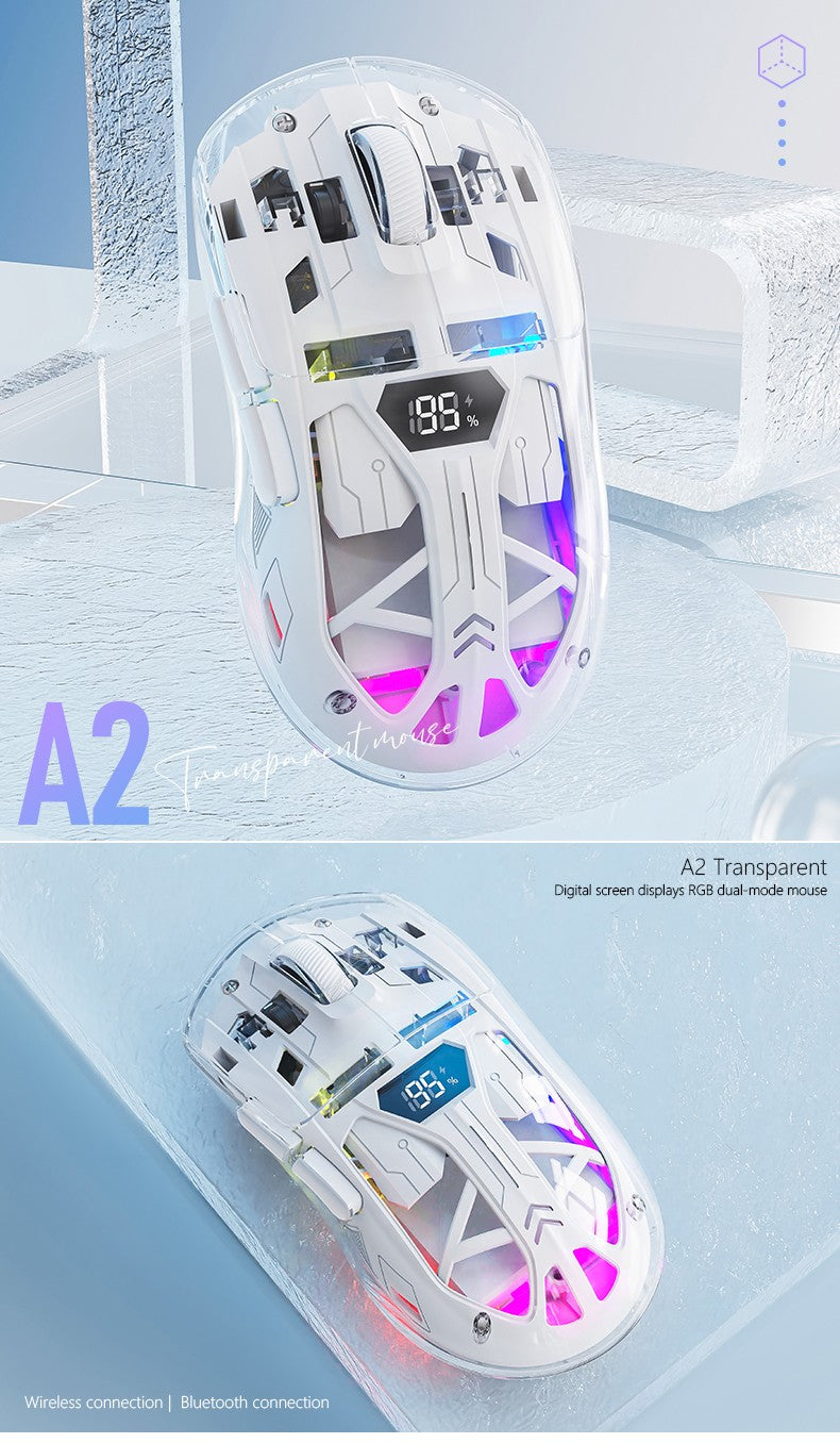 Mouse Bluetooth A2 com tela digital transparente RGB, conexão sem fio de modo duplo, compatível com Win/Mac