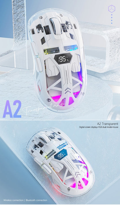 Mouse Bluetooth A2 com tela digital transparente RGB, conexão sem fio de modo duplo, compatível com Win/Mac