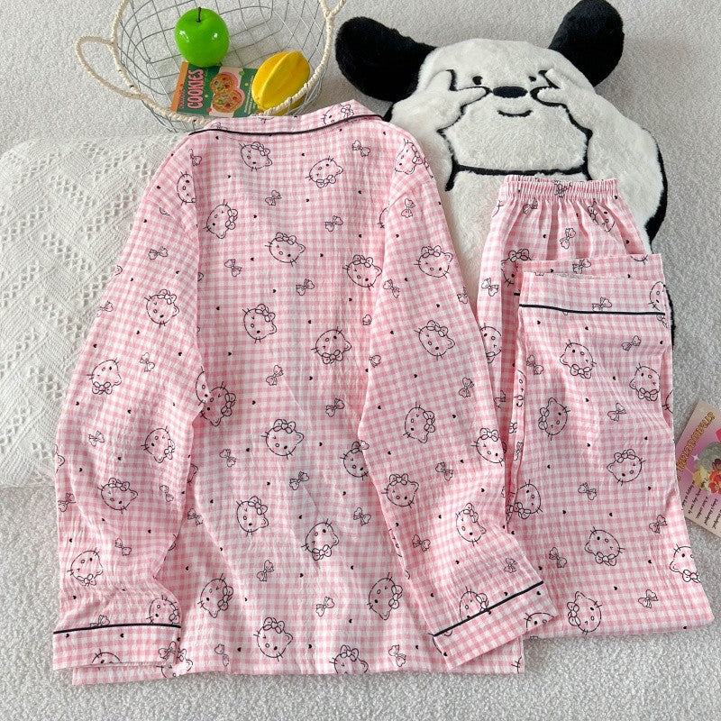 Hello Kitty Cute Kawaii Pajama Set for Women Autumn Soft Fabric Comfort Plaid Loungewear 2 Piece Long Sleeve Top Pants Sleepwear