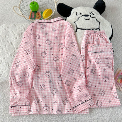 Hello Kitty Cute Kawaii Pajama Set for Women Autumn Soft Fabric Comfort Plaid Loungewear 2 Piece Long Sleeve Top Pants Sleepwear