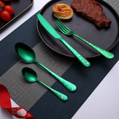 Conjunto de talheres de aço inoxidável com 4 peças Garfo, Faca e Colher com estampa de Flocos de Neve e Árvore de Natal