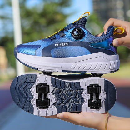 Kids Two Wheels Roller Skating Shoes With Light Magic Stick Walking Shoes Detachable Wheels Roller Skate Shoes For Teenagers