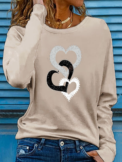 100% pure cotton women's spring and autumn loose comfortable casual heart-shaped graphic printed long sleeved round neck T-shirt