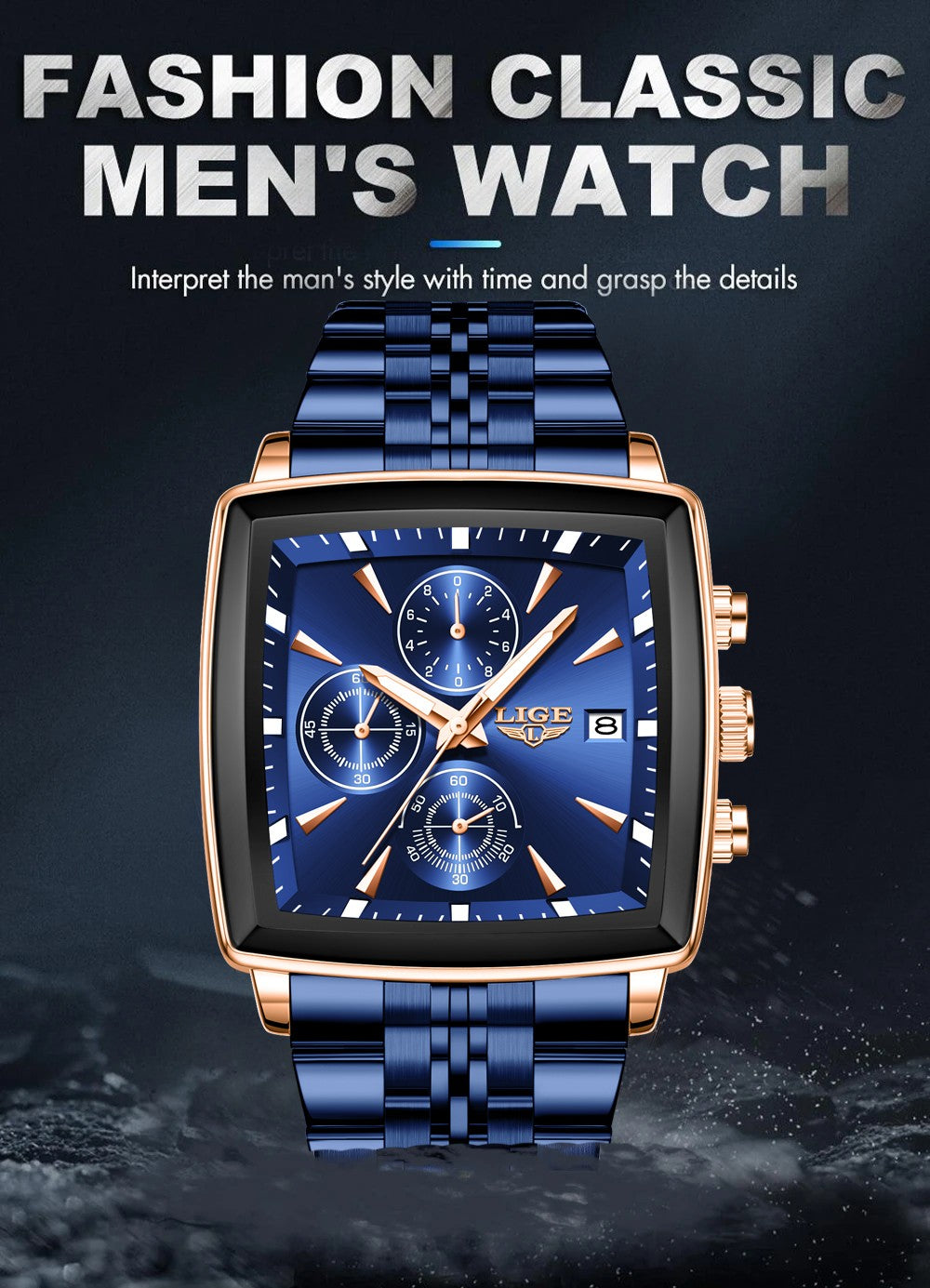 LIGE Top Brand Luxury Mens Watches Fashion Military Square Chronograph Quartz Wristwatches For Men Sports Waterproof Watch Men