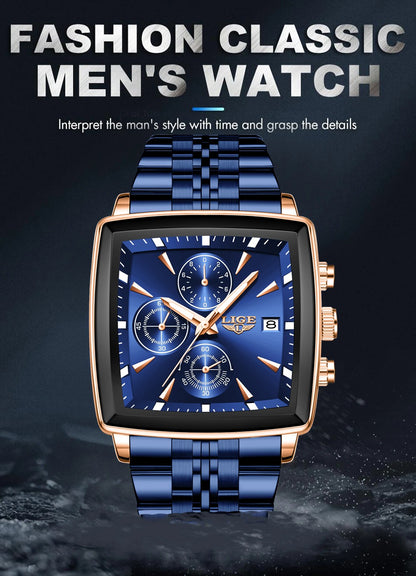 LIGE Top Brand Luxury Mens Watches Fashion Military Square Chronograph Quartz Wristwatches For Men Sports Waterproof Watch Men