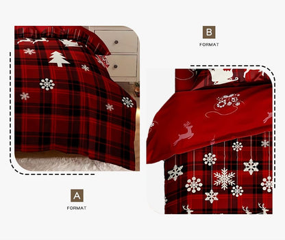 3-Piece Christmas-Themed Duvet Cover Set - Soft, Breathable, and Hypoallergenic Fabric - Checkered Elk Snowflake Print Design, P