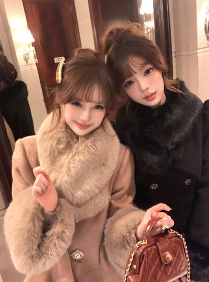 Vintage Black Wool Blends Coats Women Elegant Faux Collar Woolen Jacket Korean Long Sleeve Outerwears Winter Design Overcoat New