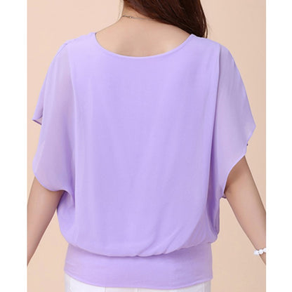New Summer Women Blouse Female Short Batwing Sleeve Oversized Loose O-Neck Chiffon Shirt Plus Size Office Lady Elegant Tops Tees