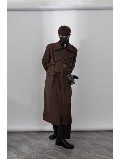 Mauroicardi Autumn Winter Cool Elegant Long Warm Black Woolen Trench Coat Men Belt Luxury Designer Clothes Wool Blends Overcoat
