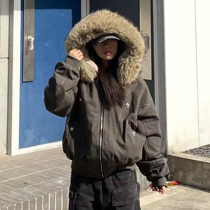 American Street Fur Collar Zipper Hooded Jacket Women Autumn Winter Retro New Velvet Thickened Warm Fashion Loose Casual Jacket