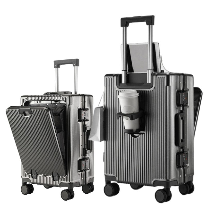 Suitcase Front Opening Pocket Aluminum Alloy Frame Rolling Luggage with USB Charging Plug Trolley Carry-on Case Bag with Wheel
