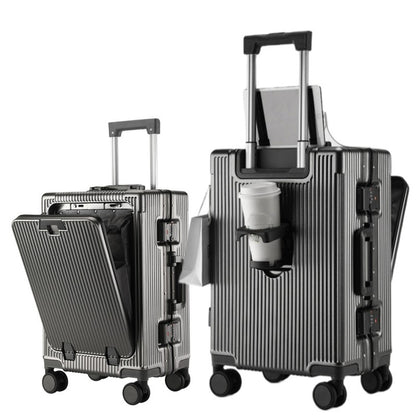 Suitcase Front Opening Pocket Aluminum Alloy Frame Rolling Luggage with USB Charging Plug Trolley Carry-on Case Bag with Wheel