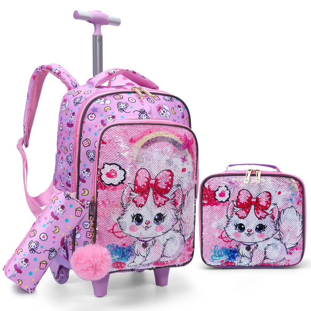 3PCS Set Rolling Backpack For Girls, Cute Cartoon Cat Sequin Design Wheeled Bags With Lunch Box And Pen Bag-Pink Red