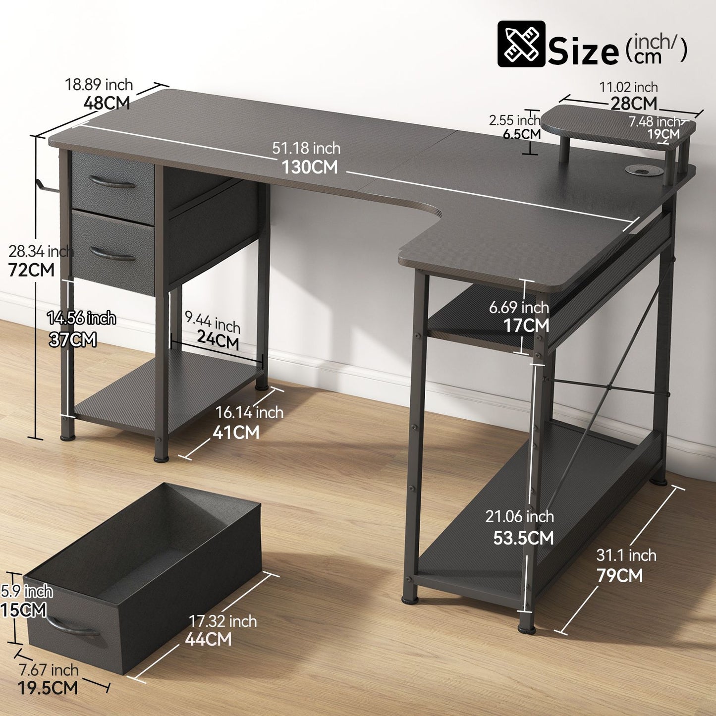 Mesa Gamer em L com Gavetas, Mesa de Computador em Fibra de Carbono com Suporte para Monitor, Mesa Gamer para Escritório Doméstico