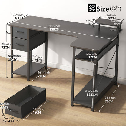 Mesa Gamer em L com Gavetas, Mesa de Computador em Fibra de Carbono com Suporte para Monitor, Mesa Gamer para Escritório Doméstico