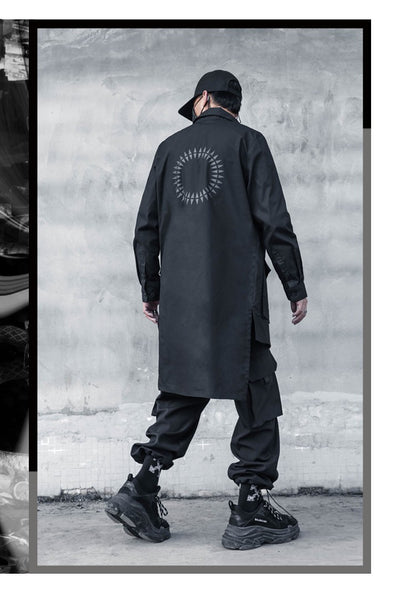 2023 Back Print Punk Hip Hop Techwear Long Sleeve Shirts For Men Harajuku Street Casual Cargo Shirt Long Jacket