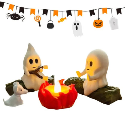 Halloween Ghost Nightlight Campfire Figurine Set Cute Ghost Statue Small Campfire Light Fun Halloween Decor Gift for Home Party