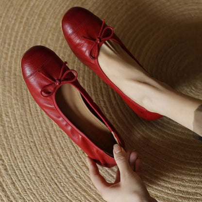 Mary Jane Women Loafers Hand Stitch Casual Streetwear Ballet Flats Soft Sole Solid Color Women Shoes Comfy Round Head Bow Shoes