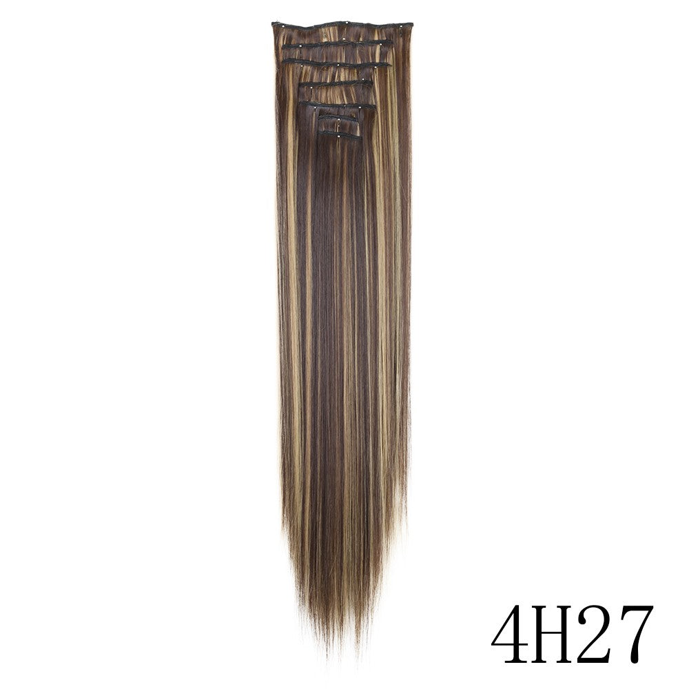 LANSA 7Clips Aplique de Cabelo Sintético Liso Comprido de Encaixe Extensões de Cabelo de Encaixe Cheveux Clipe Fibra Natural de Alta Temperatura Preto Marrom Peça de Cabelo
