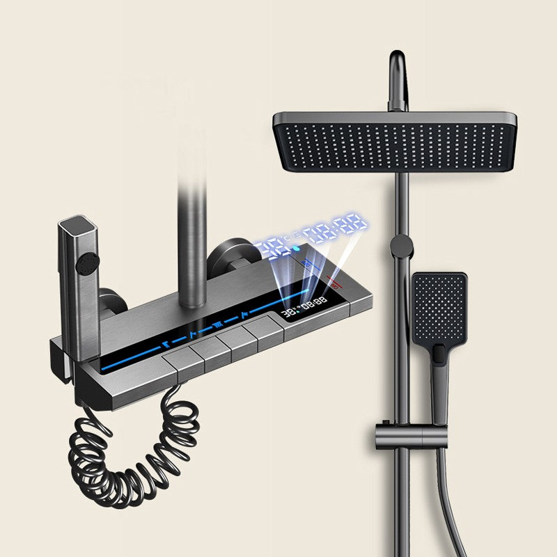 Conjunto Completo de Chuveiro de Banheiro Cinza com Display Digital Sistema de Chuveiro Conjunto Botão de Piano com Luz Ambiente Torneiras Chuveiro