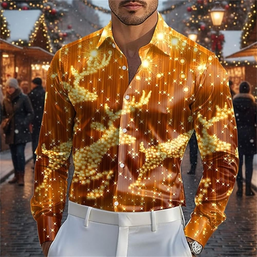 Fashionable 3D printed Christmas deer design style men's long sleeved shirt slim fit lapel button casual party plus men's shirt