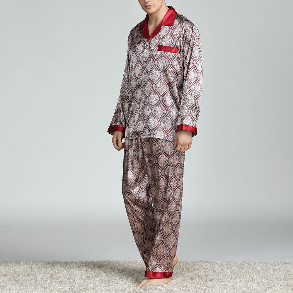 Mens Satin Silk Pajama Sets Sleepwear Casual Nightgown Loose Loungewear Pajamas Pijamas Autumn New Print Nightwear Homewear